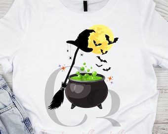 Witch Cauldron Halloween PNG, Bubbling Potion, Broom, Bats (Digital Download)