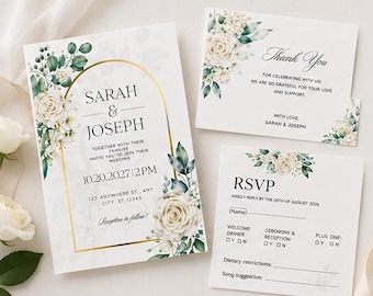 Green Gold Floral Wedding Invitation Suite, Romantic Roses, Elegant RSVP (Digital Download)