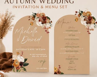 Autumn Wedding Invitation Set, Terracotta Boho Floral, Editable Canva Template (Digital Download)