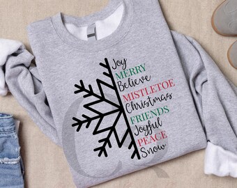 Christmas Snowflake SVG, Joy Merry Believe Typography, Holiday Shirt Design (Digital Download)
