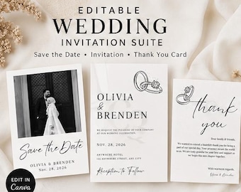 Modern Minimalist Wedding Invitation Suite, Black White Save Date (Editable Canva Template)