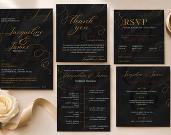Elegant Black, Gold & White Wedding Invitation | Modern Luxury Wedding Stationery | Editable Canva Template