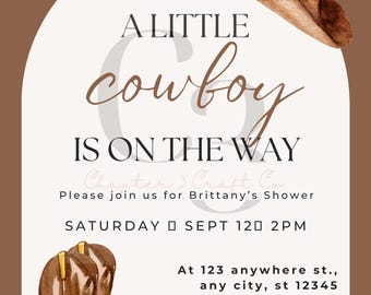 Little Cowboy Baby Shower Invitation, Rustic Western Invite, Editable Canva Template (Digital Download)