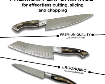 Juego de cuchillos de chef de 3 piezas: acero J2 con mango de madera Pakkawood