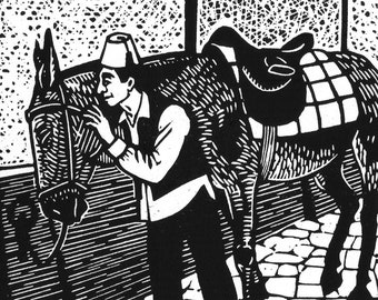 The Mule Whisperer - original linoleum block print