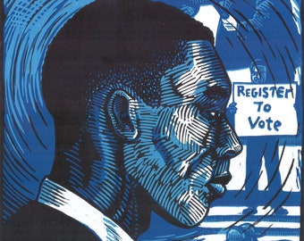 Hank Thomas, Freedom Rider -- original 3-color linoleum block print