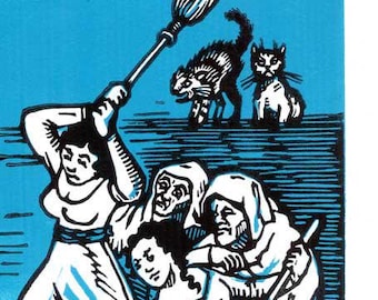 They cat ladies were angry - original linoleum block print