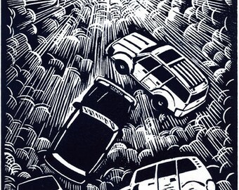 Rapture of the SUVs - original linoleum block print