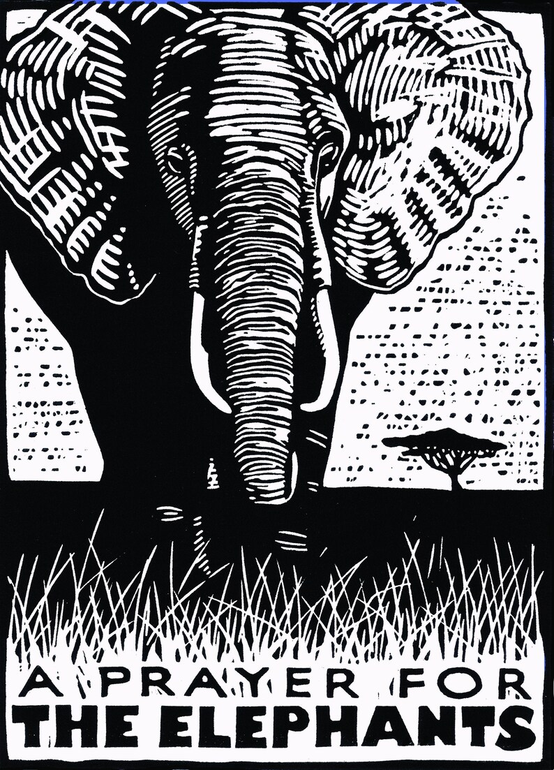 A Prayer for the Elephants original linoleum block print