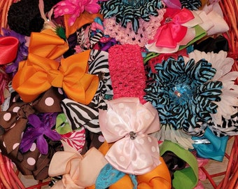 Hair Bow Gift Set - 10 Bows / 2 Headbands - Pink, Aqua, Yellow, Zebra , Cheetah, Lime, Purple, White, Black - Girls Gift Set - Bundle Sale