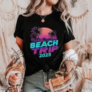 Beach Trip 2025 Vaporwave Tee, Ocean Waves Sunset T-Shirt, Neon Vaporwave Aesthetic, Retro Text, Vacation Shirt, Summer