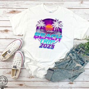 Beach Trip 2025 Retrowave Tee, Ocean Waves Sunset T-Shirt, Dreamwave Aesthetic, Retro Text, Vacation Shirt, Summer