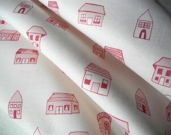 Little red houses fabric, fat quarter, hand drawn, limited edition.