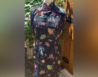 Vintage 90s Silk Brocade Cheongsam Dress: Black Qipao, Size US 4/6
