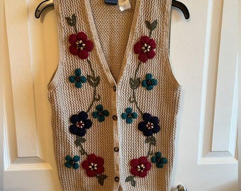 Jantzen Classics Vintage Boho Knit Floral Sweater Vest Womens Size M EUC