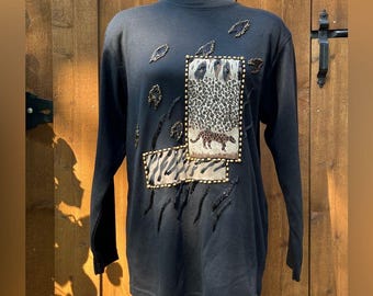 Vintage 90s Lisa Intl Black Beaded Leopard Long Sleeve Shirt Black Size M EUC