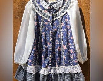 Gunne Sax Vintage 1970s Little Girls Blue Calico Long Sleeve Dress Size 4 EUC