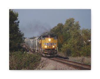 Yellow Freight Train Canvas | Bright Locomotive Wall Art, Summer Railroad Photography, Train Lover Gift for Dad