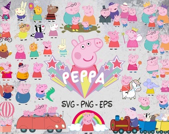 Peppa Pig SVG, Bundle Layered SVG, geschichtete und sofort herunterladbare Dateien für Cricut, Peppa Pig PNG ClipArt und Ausdrucke für T-Shirts