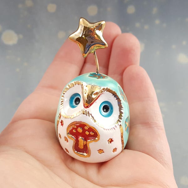 Fairy Owl Sculpture with Mushroom and Stars