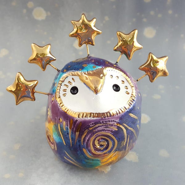 Ceramic Fairy Owl with Gold Spirals and Stars