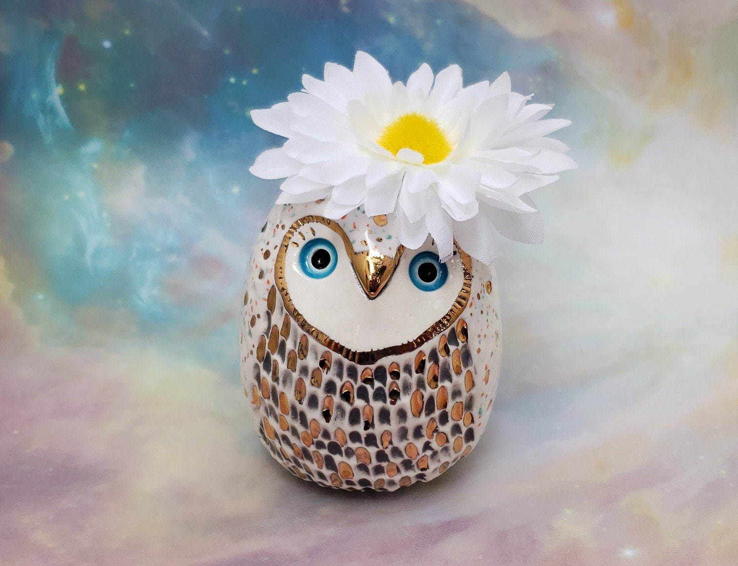 White Ceramic Owl Vase With Gold Luster Etsy