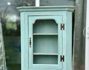 French Provincial Style Mid-Century Distressed Green Cabinet with Three shelves Size 28”x 23.5”x 6.5”
