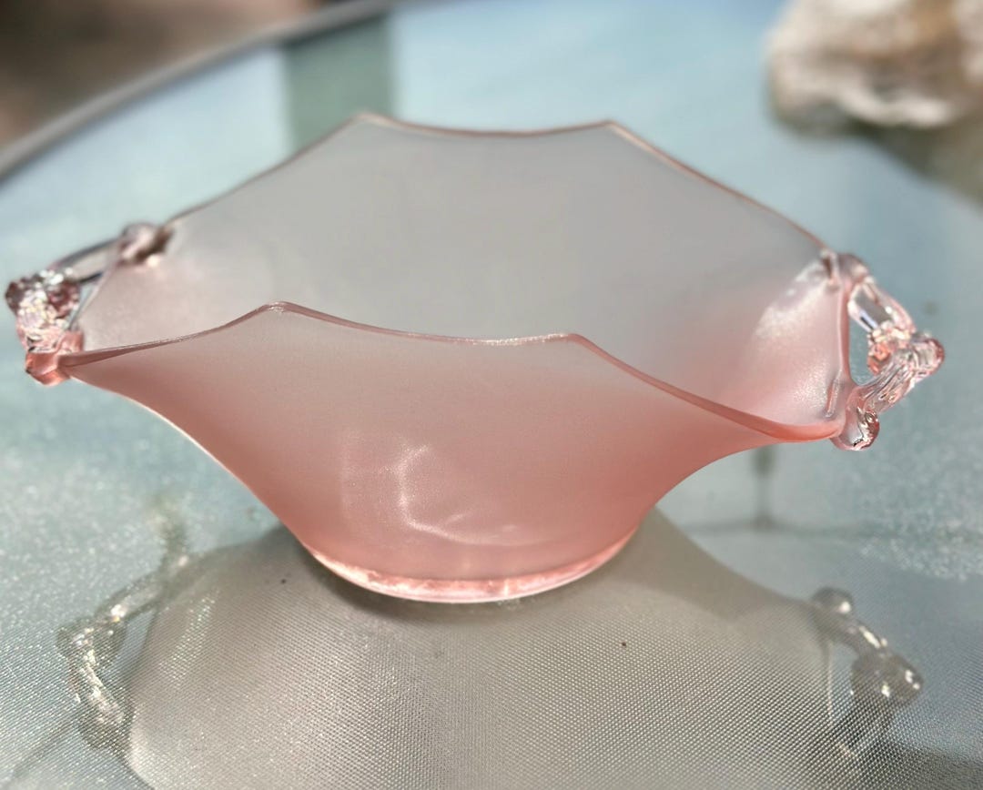 Vintage Lancaster Frosted Pink Glass Octagon Bon Bon Candy Dish Floral ...