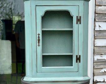 French Provincial Style Mid-Century Distressed Green Cabinet with Three shelves Size 28”x 23.5”x 6.5”