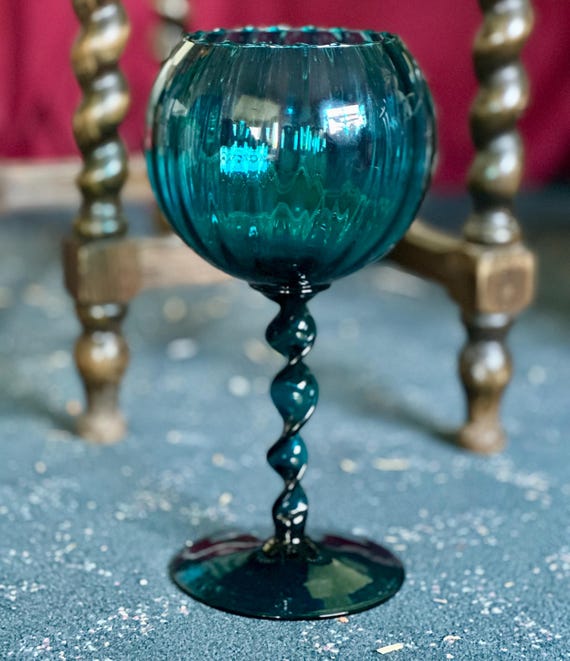 Large Vintage Italian Empoli Glass Goblet Vase: Teal Blue Spiral