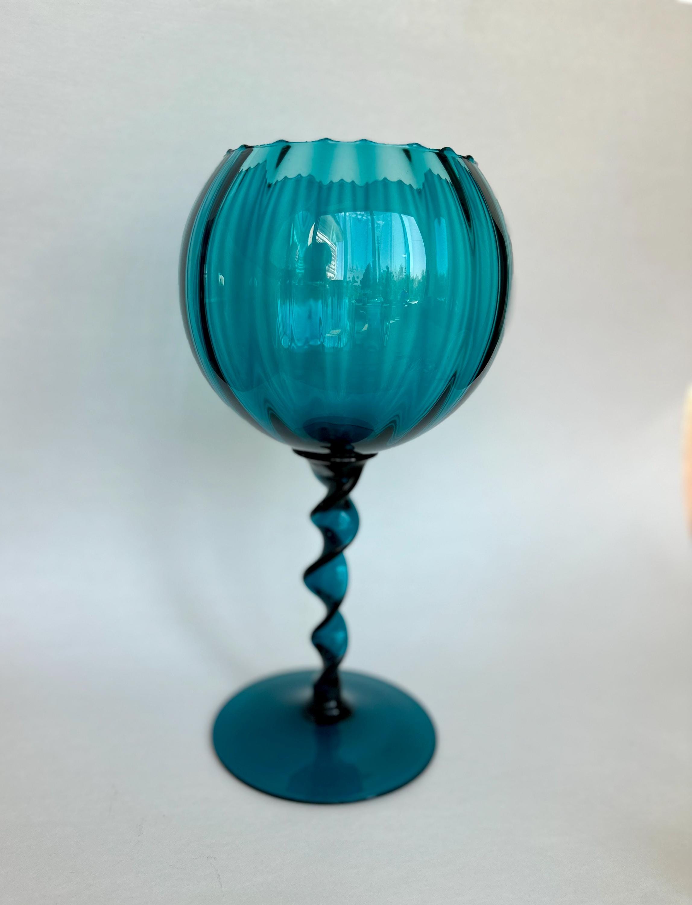 Large Vintage Italian Empoli Glass Goblet Vase: Teal Blue Spiral
