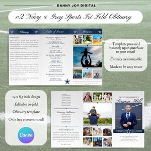Plantilla de obituario editable gratuita de Canva para fanáticos de los deportes en azul marino y gris (v2) - Gran programa funerario masculino en azul marino y gris, 8,5 x 14 pulgadas, TRIPLE