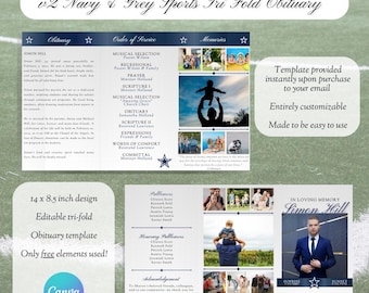 v2 Navy and Grey Sports Fan Editable Canva Free Element Obituary Template - Great Masculine Navy and Grey Funeral Program 8.5x14 in TRI FOLD