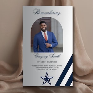 Plantilla de obituario editable en Canva para programa de funeral de fanáticos de los deportes en azul marino y gris - Programa de funeral plateado en azul marino y gris - 8,5 x 11 - Plegable