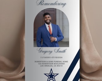 Sports Fan Funeral Program – Navy & Grey Obituary Template (Canva Editable, Digital Download)