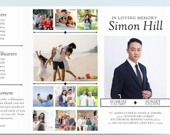 Minimalist Black & White Funeral Program Editable Canva Obituary Template - Great Minimalist Funeral Program 8.5x14 in TRI FOLD