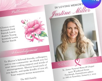 Floral Breast Cancer Ribbon Funeral Program Template (Canva, Digital Download)