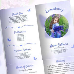 Modello di necrologio modificabile per il programma funebre per bambini Indigo Butterfly su Canva - Viola con farfalle, 8,5 x 11 pollici, piegato a metà