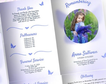 Butterfly Funeral Program Template – Children's Memorial, Purple (Canva, 8.5x11 Half-Fold) (Digital Download)