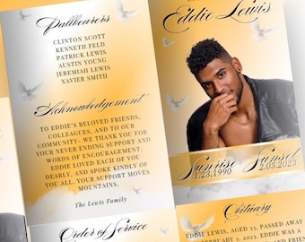 White & Gold Doves Funeral Program Template (Canva Editable)