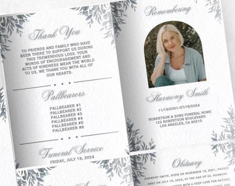 Elegant Funeral Program Template – Floral Obituary, Half Fold (Canva Editable)