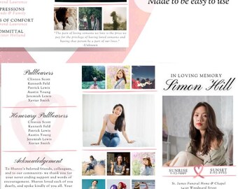 Pink Ribbon Funeral Program – Tri Fold Obituary Template (Canva Editable)