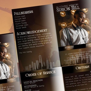 Programme de funérailles Jazz Elegance NYC - Modèle de nécrologie Canva modifiable - Programme de funérailles de style NYC ou jazz 8,5 x 11 po - * Éléments professionnels utilisés *