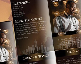 NYC Jazz Elegance Funeral Program - Editable Canva Obituary Template - NYC or Jazz Styled Funeral Program 8.5x11 in - *Pro Elements Used*