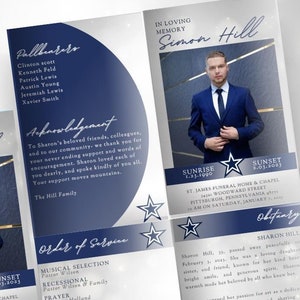 Modèle de nécrologie canva modifiable pour programme de funérailles de star du sport bleu marine et gris - Grand programme de funérailles masculin bleu marine et gris 23 x 11 po.