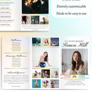 Könnte beinhalten: Eine dreifach gefaltete Nachrufvorlage mit Regenbogen-Design. Die Vorlage enthält Abschnitte für einen Nachruf, die Reihenfolge des Gottesdienstes und Erinnerungen. Das Design ist 35,56 x 21,59 cm groß und editierbar. Das Canva-Logo ist sichtbar.