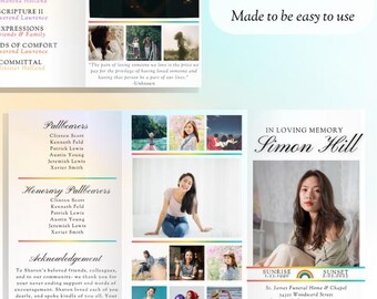 Rainbow Funeral Program Template – Minimalist Obituary, Tri-Fold (Canva Editable)