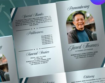 Teal and Silver Sports Fan Funeral Program Editable Canva Obituary Template - Sports Team Teal, Green, Grey, Silver Funeral Program 8.5x11