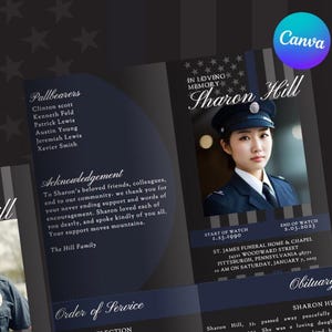 May include: A blue and black funeral program template with a thin blue line design. The program includes the names "Sharon Hill" and "Simon Hill" with photos of the deceased. The program also includes the order of service, pallbearers, and an acknowledgement.
