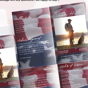 May include: A patriotic funeral program template for Canva. The program features a red, white, and blue American flag background with a photo of a soldier in uniform standing with a dog. The program includes the name "Simon Hill" in a white font, along with the dates of birth and death. The program also includes a section for acknowledgements, an obituary, and an order of service.